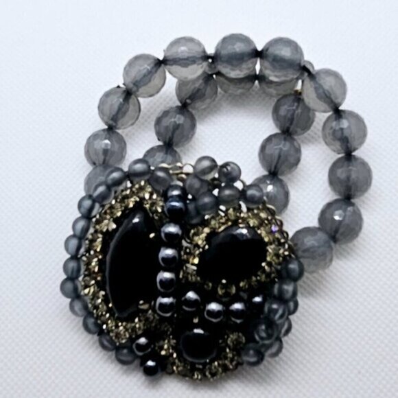 Black Stretch Bracelet with Rhinestones on Smoky Acrylic Beads - Picture 2 of 6